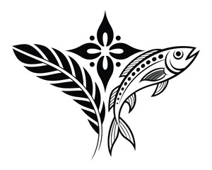 Stylized tribal fish and feather with floral element black and white decorati