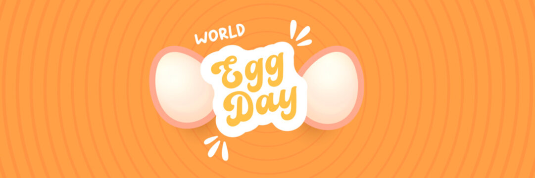 World Egg Day banner with eggs on orange geometric pattern background. International egg day concept horizontal banner poster,flyer, banner design template. Egg food day celebration - Powered by Adobe