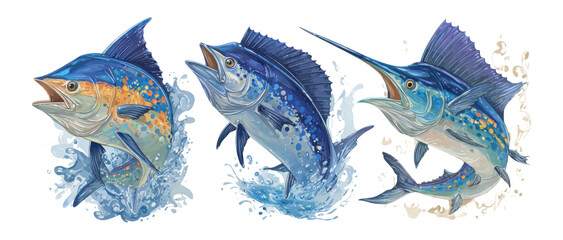 Colorful Artistic Fish Illustrations with Water Splash and Transparent Background