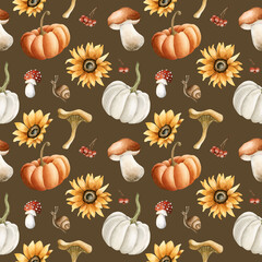 Pumpkins Sunflowers Mushrooms Berries. Watercolor hand painted floral forest seamless pattern on brown background fall