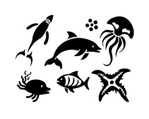 Obraz premium Sea life silhouettes with dolphin, fish and jellyfish