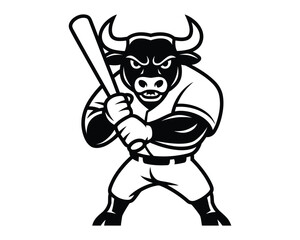 Black and White Bull Mascot Ready to Play Baseball