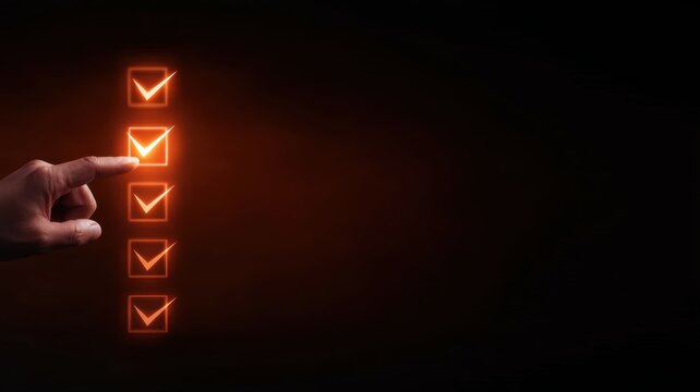 project management execution assessment. Hand pointing to a highlighted checklist item against a dark background.