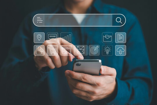 Man using smartphone for online search and digital marketing strategy with seo optimization concept