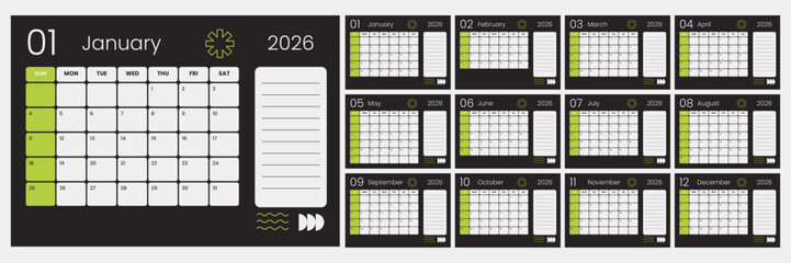 Creative monthly calendar for 2026. Desk calendar template with daily planner.