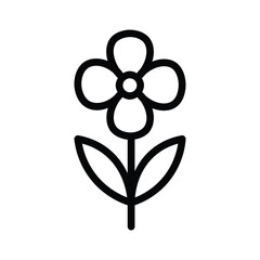 Minimalist flower line icon with round petals and two leaves, simple floral vector illustration