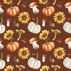 Pumpkin Sunflower Mushrooms Berries Watercolor hand painted floral forest seamless pattern on red brown background fall