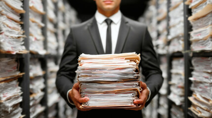 Professional businessman holding stack of files in archive storage perfect for illustrating data management compliance and administrative tasks