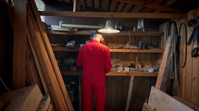 The master approaches the shelves in his workshop.