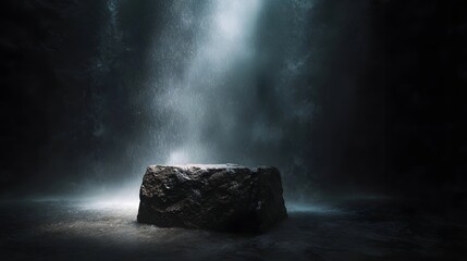 A rugged stone podium is dramatically illuminated by a bright shaft of light surrounded by mist in a dark atmospheric setting