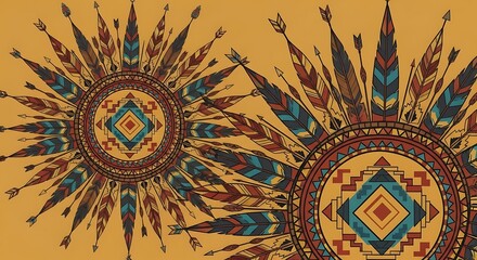 Tribal inspired graphic illustration with feathers and geometric design