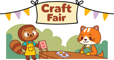 Obraz premium Adorable raccoon and cat running a craft fair booth selling art and handmade goods for kids, a delightful illustration for family events and markets