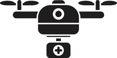 Black silhouette of a drone carrying a first aid kit, representing medical delivery, emergency response, and healthcare technology