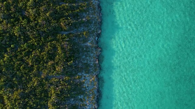 Top-down aerial view of a ugged coastline meeting tuquoise water.
