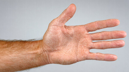 Open hand offering support and accessibility with detailed skin texture and neutral background for healthcare medical or product concepts