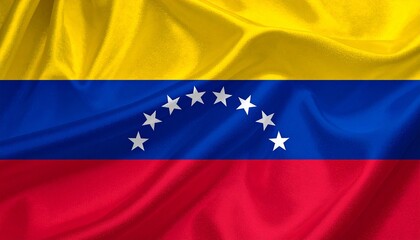 Venezuelan flag with yellow, blue, red stripes and arc of eight white stars symbolizing independence.
