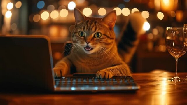 Tabby cat working late at night in a fancy restaurant, using laptop computer with illuminated screen, warm bokeh lights in background, concept of remote work, freelancing, technology