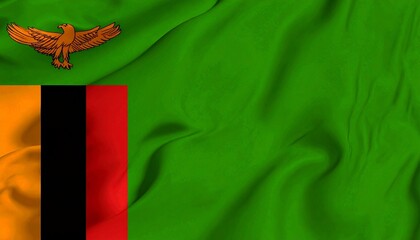 Zambian flag with green field, eagle in flight, and tricolor stripes symbolizing national values.