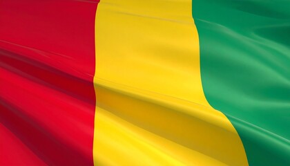 Mali flag colors over scenic landscape with mountains, water, and central island structure.
