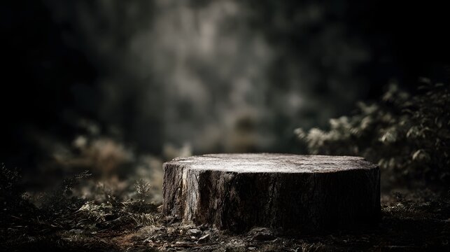 A rustic tree stump serves as a natural podium in a dark atmospheric woodland setting with soft d d light