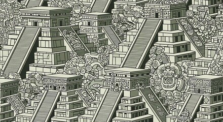 Illustrative rendering of Mayan civilization pyramid complex design