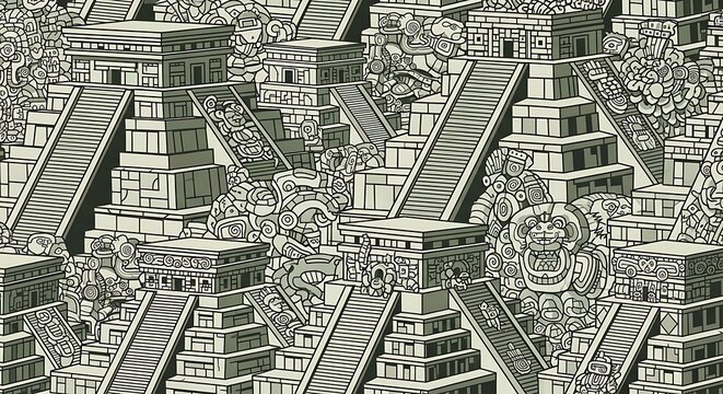 Illustrative rendering of Mayan civilization pyramid complex design