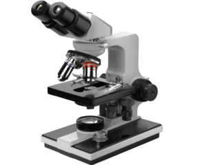 A detailed scientific microscope, a sophisticated laboratory instrument used for magnifying small objects, isolated on a transparent background for clear presentation