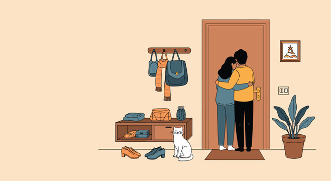 A loving couple embraces at the doorstep before a departure.