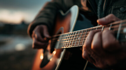 Close-up of a person’s hands playing an acoustic guitar outdoors. Fingers pressing chords on the fretboard; shallow depth of field with warm natural light.