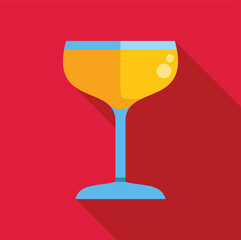 Coupe glass containing an orange cocktail, casting a long shadow on a vibrant red background
