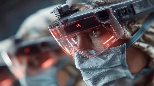 Surgeon wearing advanced VR glasses and mask, focused on futuristic medical operation with digital overlay - Powered by Adobe