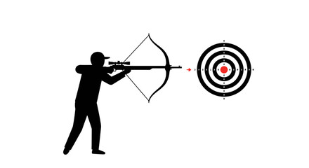 Silhouette of a person aiming bow and arrow at a target isolated on white