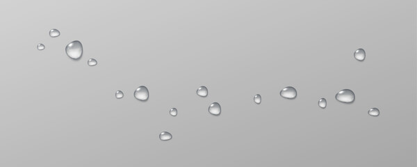 Realistic vector water drops png on a transparent light background. Water condensation on the surface with light reflection and realistic shadow. 3d vector illustration