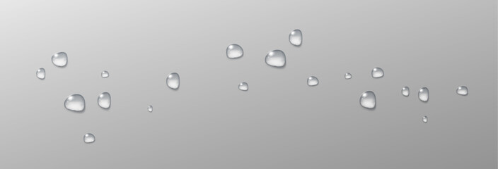 Realistic vector water drops png on a transparent light background. Water condensation on the surface with light reflection and realistic shadow. 3d vector illustration	
