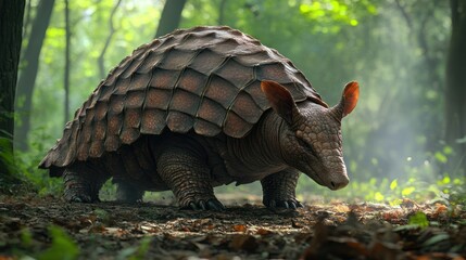 Giant armadillo walking forest path, misty background, nature documentary