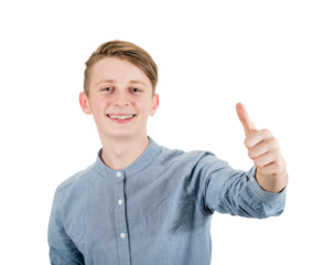 Contented guy teenager shows thumb up, positive gesture and good feedback, looking satisfied to camera with pleased expression. Delighted adolescent male portrait, isolated on transparent background