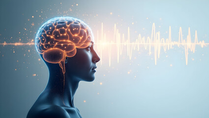 Alpha wave A conceptual scene of a glowing digital hologram projecting a rotating brain, alpha wave signals illustrated as golden rings, all elements (4)