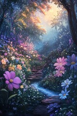 Explore the enchanting beauty of a serene forest filled with vibrant flowers and a gentle stream, illuminated by soft, golden light.