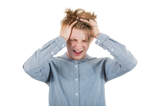Mad and bewildered guy teenager messing his hair, looking down disappointed. Pessimistic and furious adolescent male suffers failure, isolated portrait on transparent background