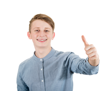 Contented guy teenager shows thumb up, positive gesture and good feedback, looking satisfied to camera with pleased expression. Delighted adolescent male portrait, isolated on transparent background
