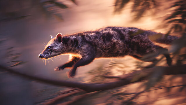 A fox captured mid-sprint with motion blur and warm autumn lighting, conveying dynamic movement through the forest.