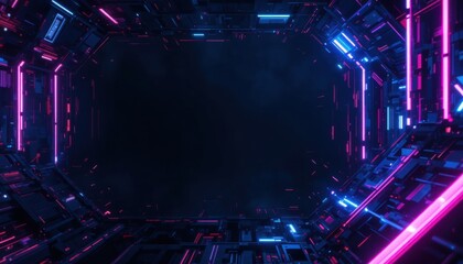 Obraz premium A futuristic digital environment with glowing neon lines and geometric shapes, creating a vibrant, high-tech atmosphere.