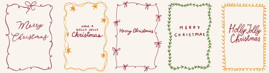 Hand drawn Christmas vintage frame. New Year design holiday chalk frames with fir branches, stars, ribbon, bows. Minimalist line art. Decoration border for poster, placards and invitations.