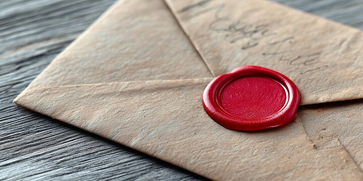 Vintage Brown Envelope with Red Wax Seal on Rustic Gray Wood Background for Antique Mail Theme
