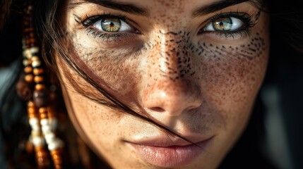 Portrait en gros plan d'une femme aux yeux verts et taches de rousseur