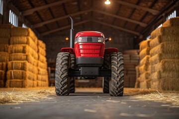 Red tractor parked in a barn with hay bales stacked on both sides