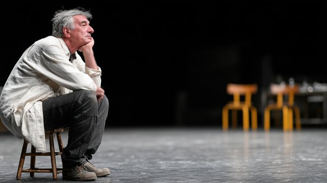 Homme &acirc;g&eacute; pensif assis sur tabouret dans d&eacute;cor th&eacute;&acirc;tral sombre