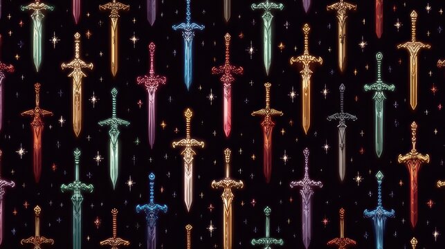 Colorful Fantasy Swords on a Dark Starry Background Pattern Design