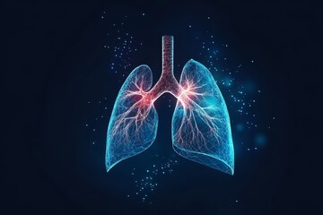 Low Poly Lungs Illustration Emanating Health with Glowing Light Effects on Dark Background Design