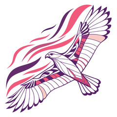 Illustration of a majestic hawk soaring through the sky, its wings spread wide, with abstract lines in shades of pink and purple